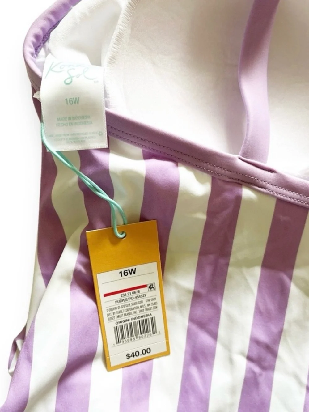 Kona Sol Purple Vertical‑Stripe One‑Piece Swimsuit 16W NWT